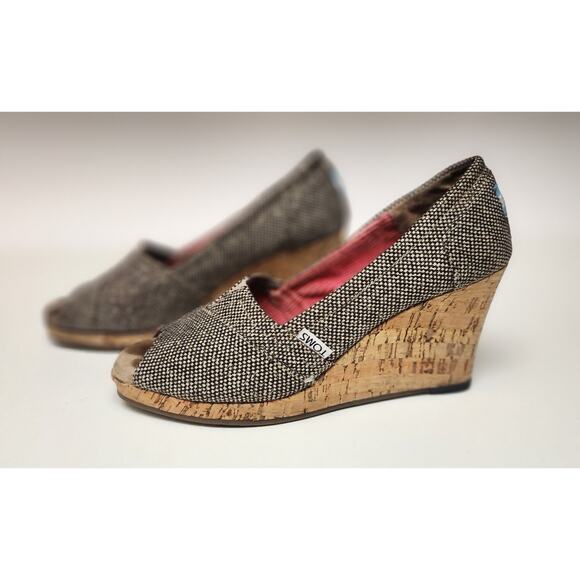 TOMS Women's Brown Fabric Cork Wedge Peep Toe Sandals Heels Shoes Platform Sz 7 - Picture 2 of 7